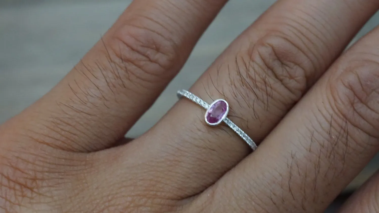 14k White Gold Oval Pink Sapphire Bezel Diamond Engagement Promise Ring