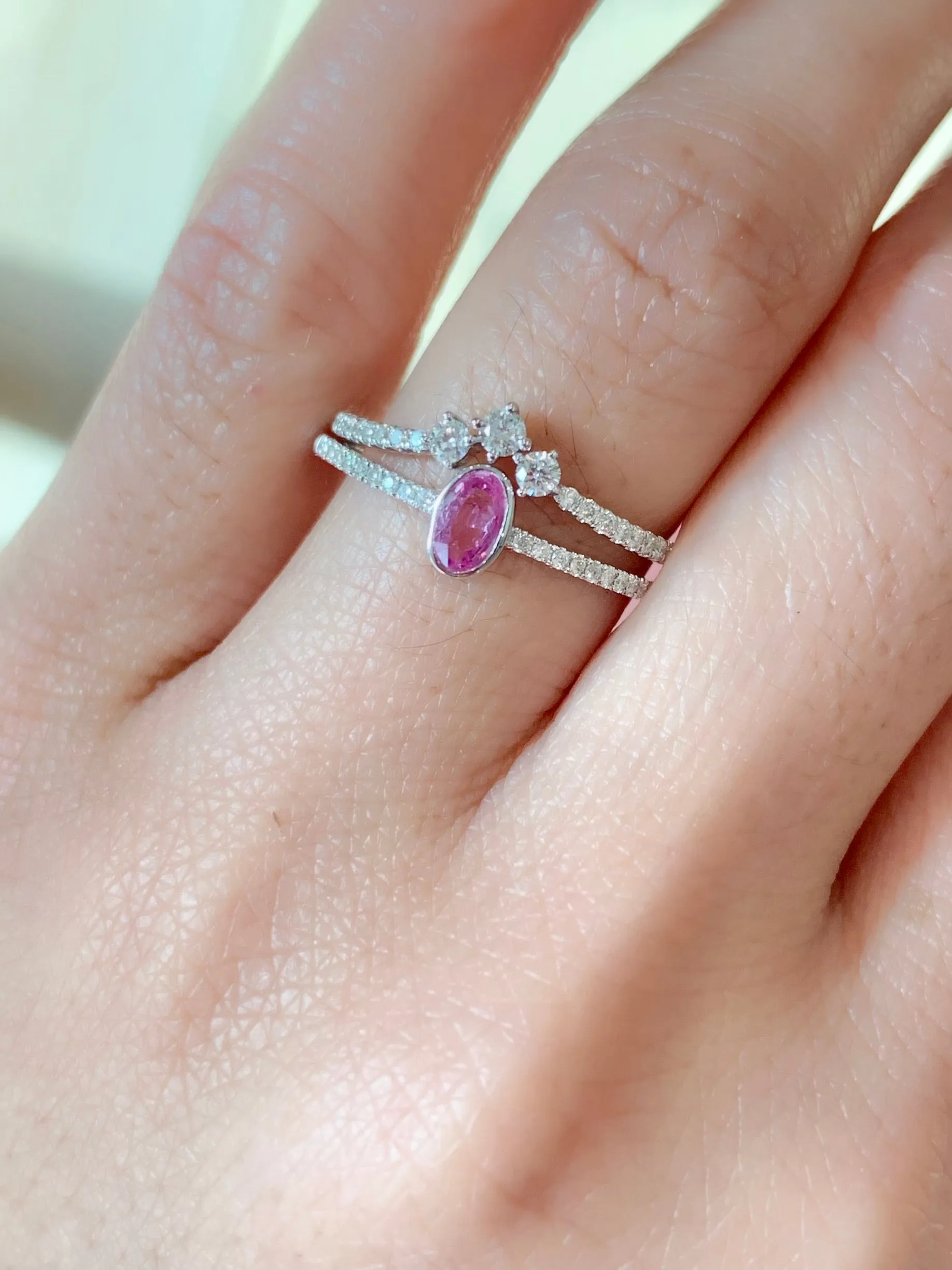 14k White Gold Oval Pink Sapphire Bezel Diamond Engagement Promise Ring