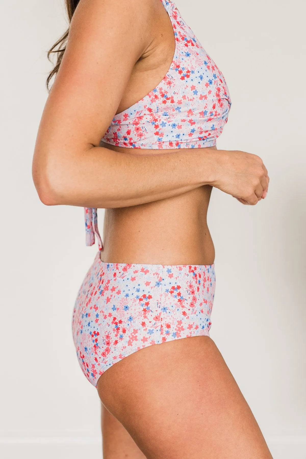 Bask In The Sun Mid-Rise Swim Bottoms- Red & Blue Floral