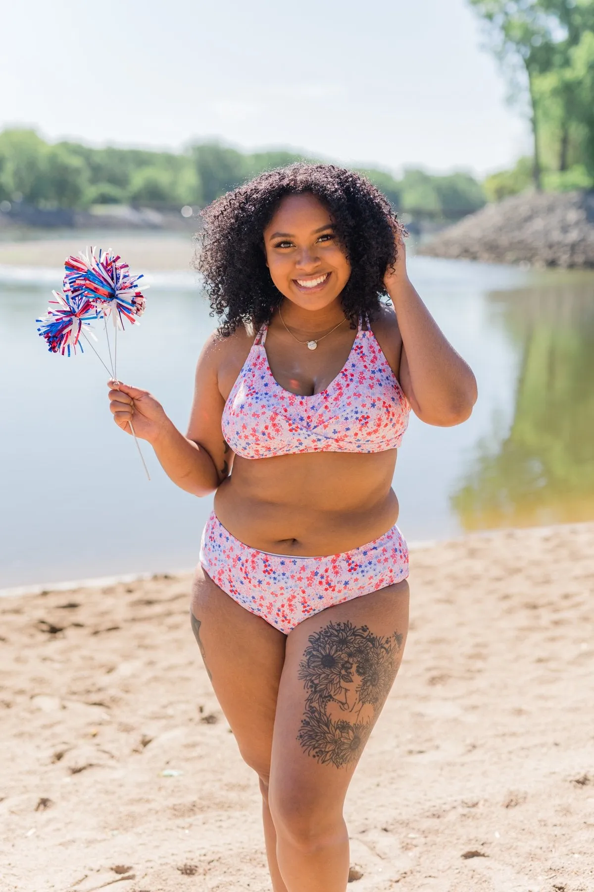 Bask In The Sun Mid-Rise Swim Bottoms- Red & Blue Floral