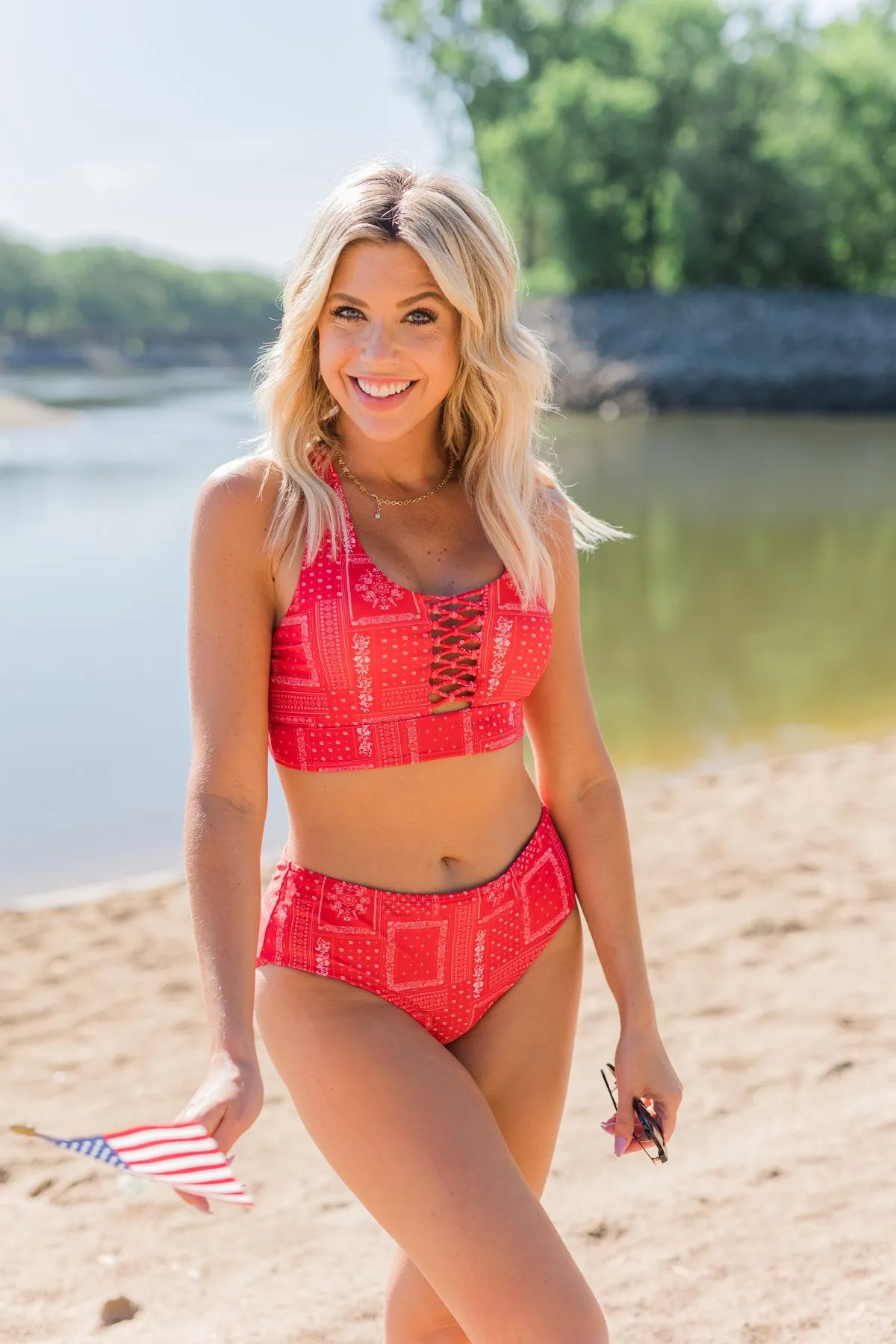 Bask In The Sun Mid-Rise Swim Bottoms- Red Bandana Print