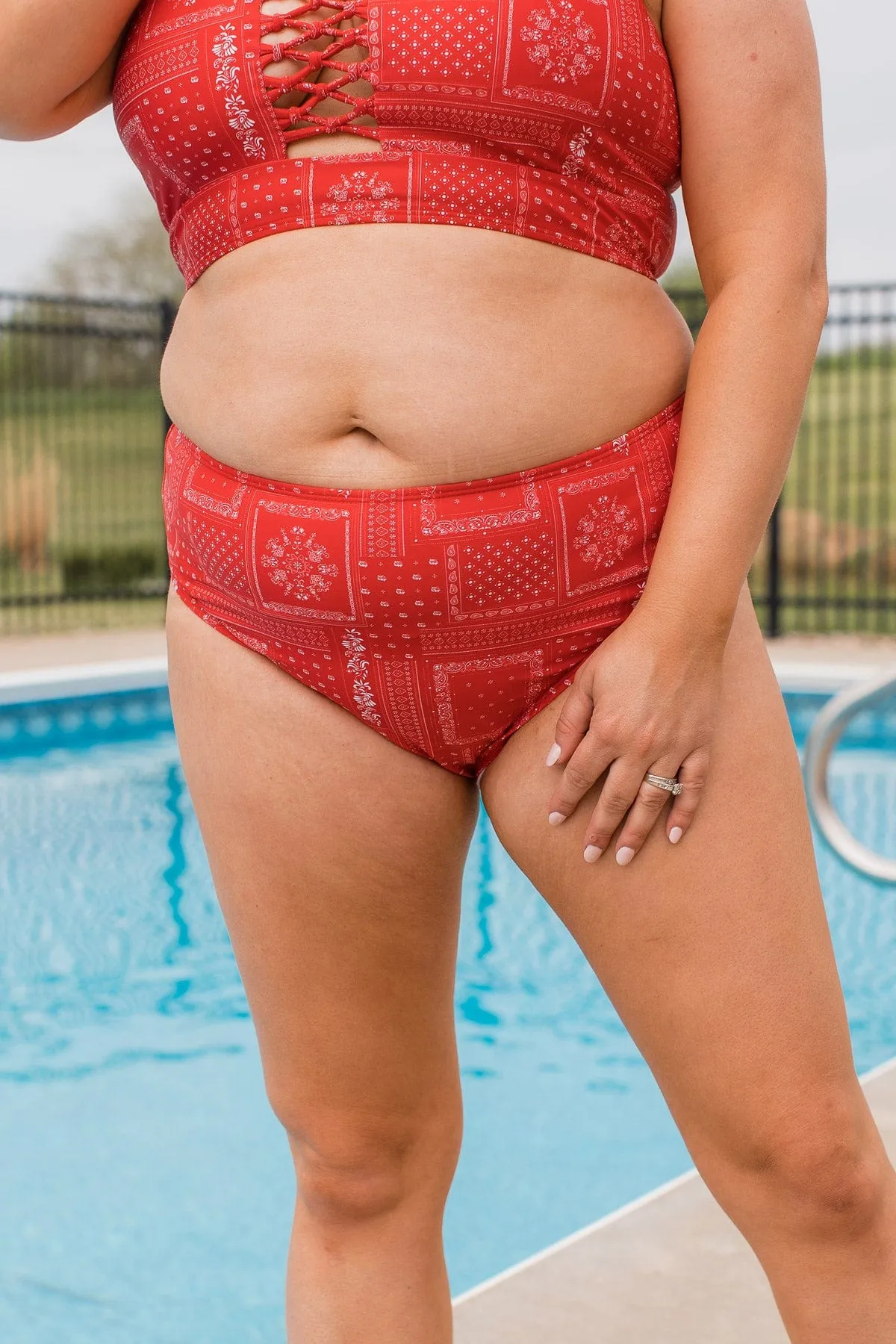 Bask In The Sun Mid-Rise Swim Bottoms- Red Bandana Print