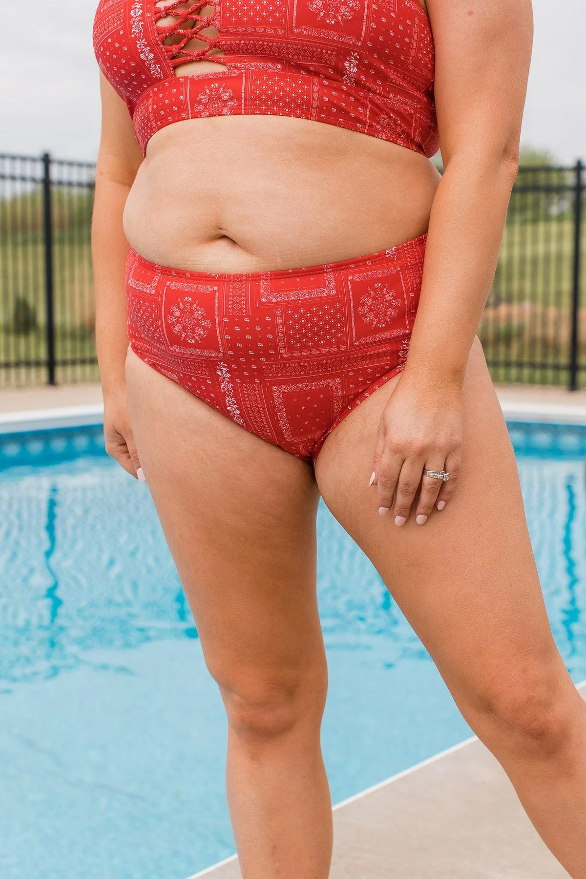 Bask In The Sun Mid-Rise Swim Bottoms- Red Bandana Print