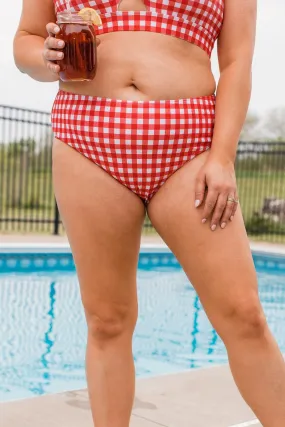 Bask In The Sun Mid-Rise Swim Bottoms- Red Gingham