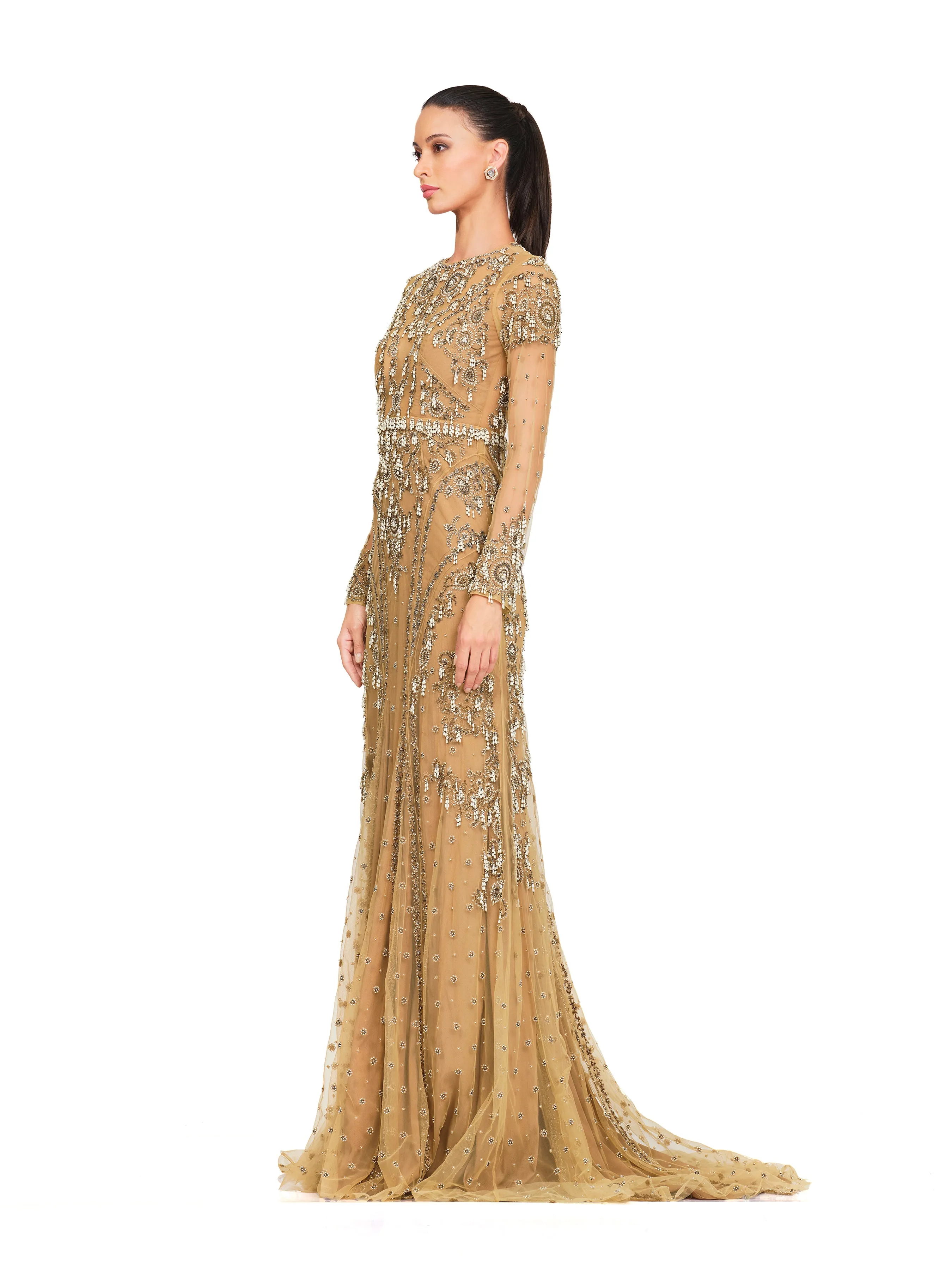 Beige Embroidered Full Sleeve Gown