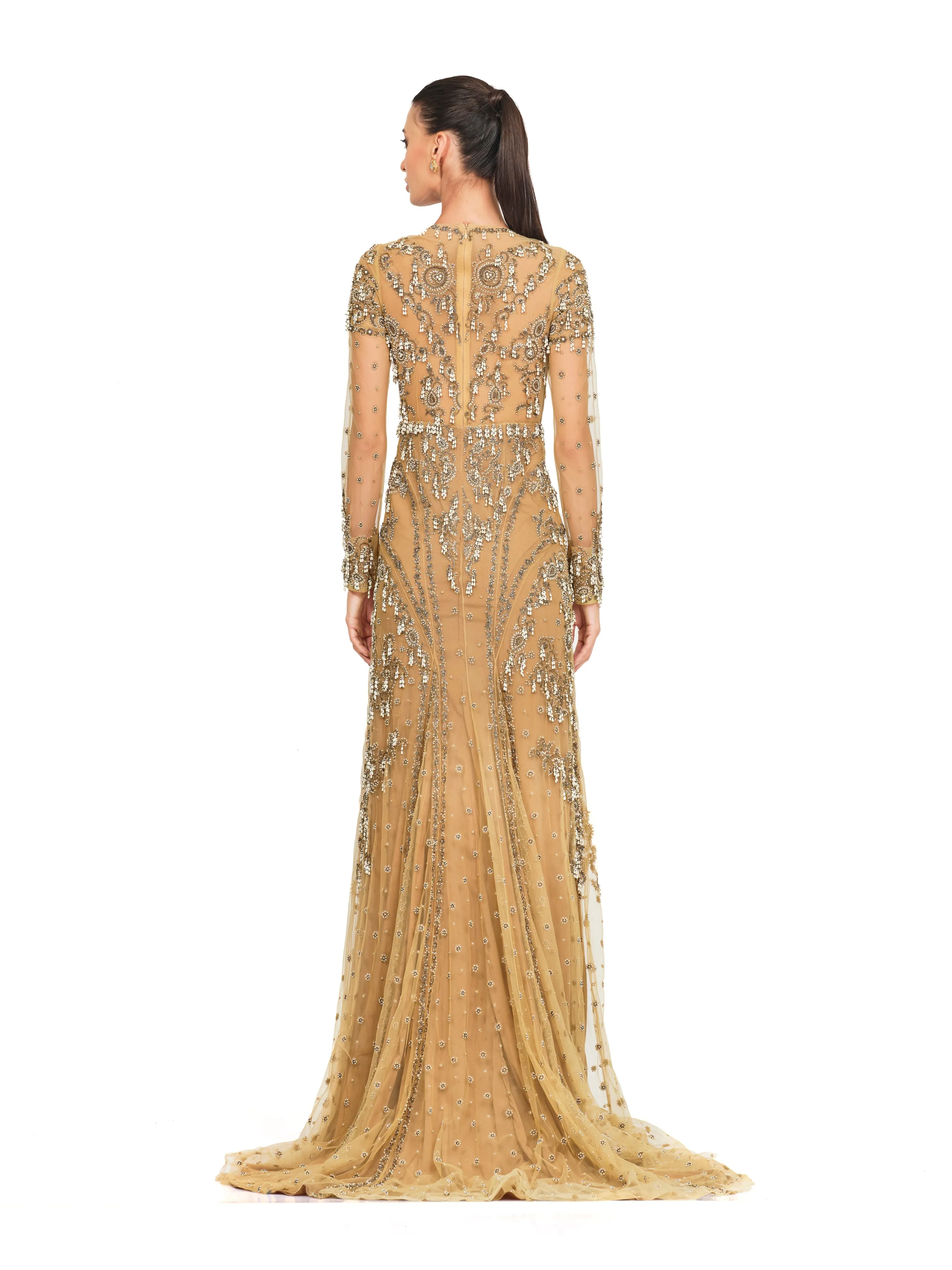 Beige Embroidered Full Sleeve Gown