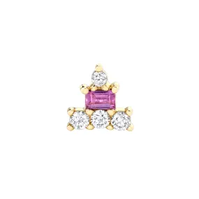 Bestie Baguette Birthday Cake Stud - White Diamond and Pink Sapphire / 14k Yellow Gold