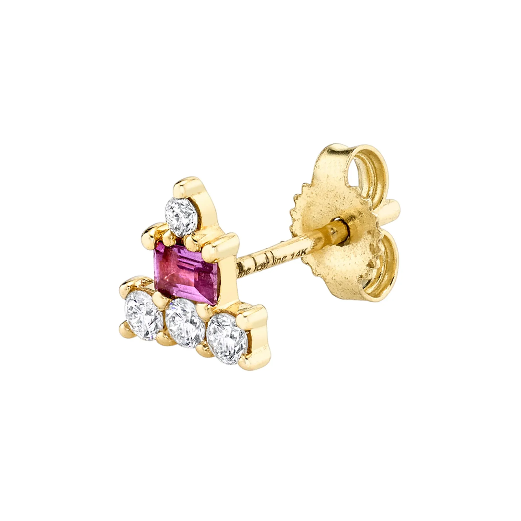 Bestie Baguette Birthday Cake Stud - White Diamond and Pink Sapphire / 14k Yellow Gold