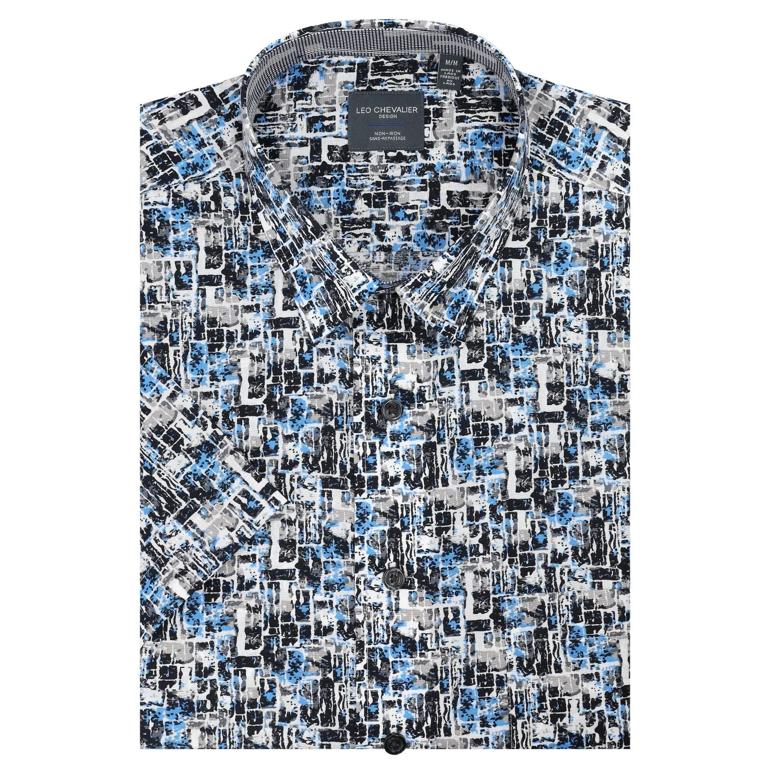 Black, Blue, and Grey Abstract Print Short Sleeve No-Iron Cotton Sport Shirt with Hidden Button Down Collar by Leo Chevalier