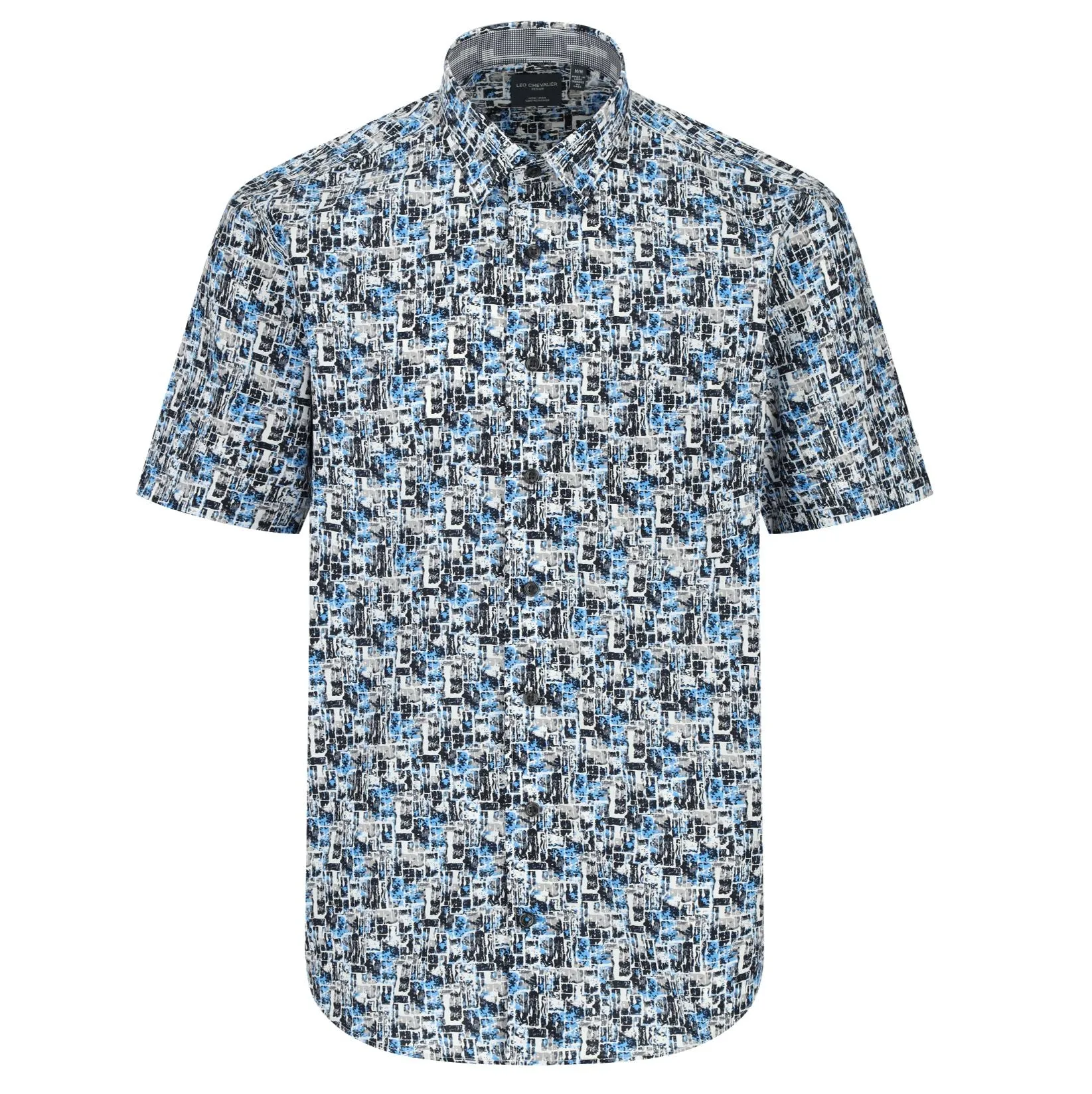 Black, Blue, and Grey Abstract Print Short Sleeve No-Iron Cotton Sport Shirt with Hidden Button Down Collar by Leo Chevalier