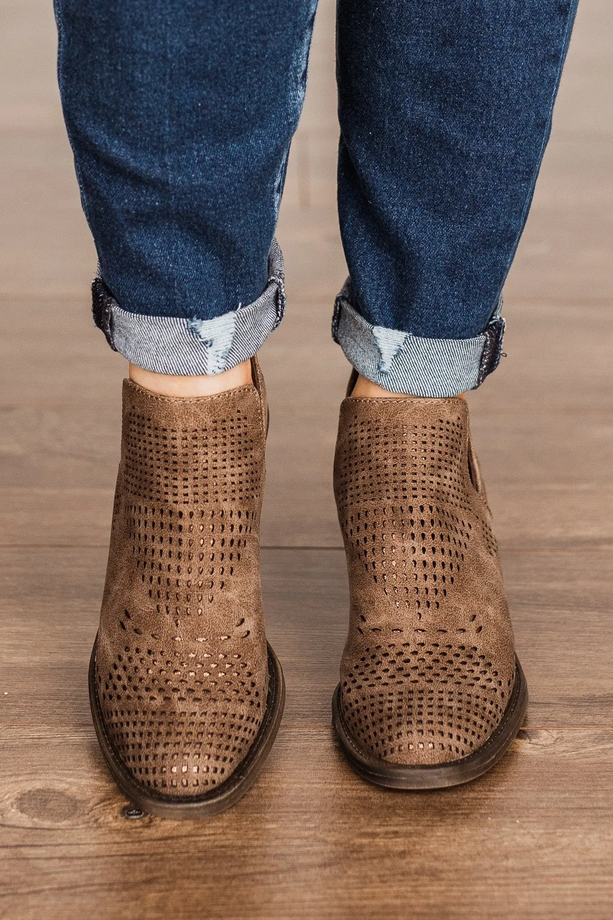 Blowfish Lassoh Booties- Taupe Prospector & Bronze Draped Micro Fiber