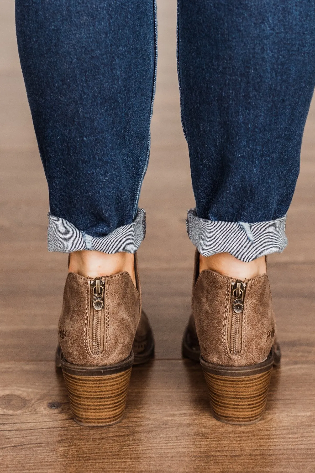 Blowfish Lassoh Booties- Taupe Prospector & Bronze Draped Micro Fiber