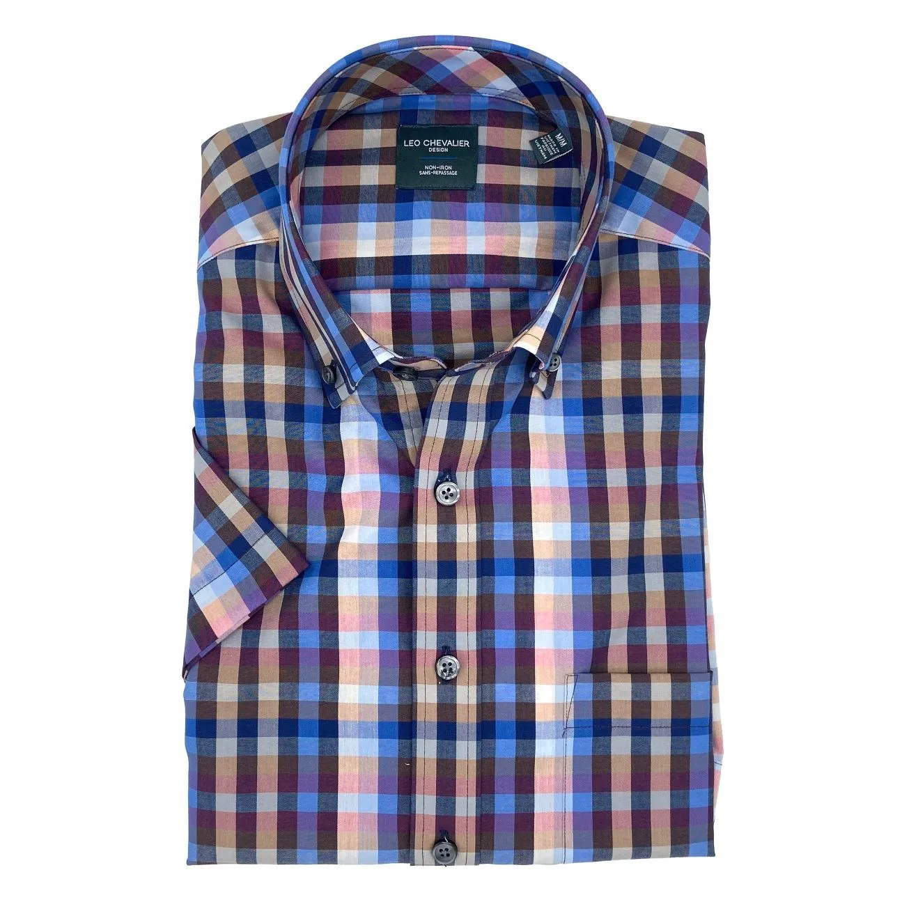 Blue Multi Plaid Short Sleeve No-Iron Cotton Sport Shirt with Button Down Collar by Leo Chevalier