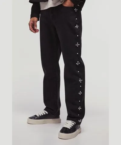 boohoo Mens Straight Leg Cross Pearl Jeans