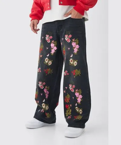 boohooMAN Mens Baggy Fit Rigid Floral Embroidered Jeans