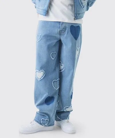 boohooMAN Mens Relaxed Rigid Heart Applique Denim Jeans