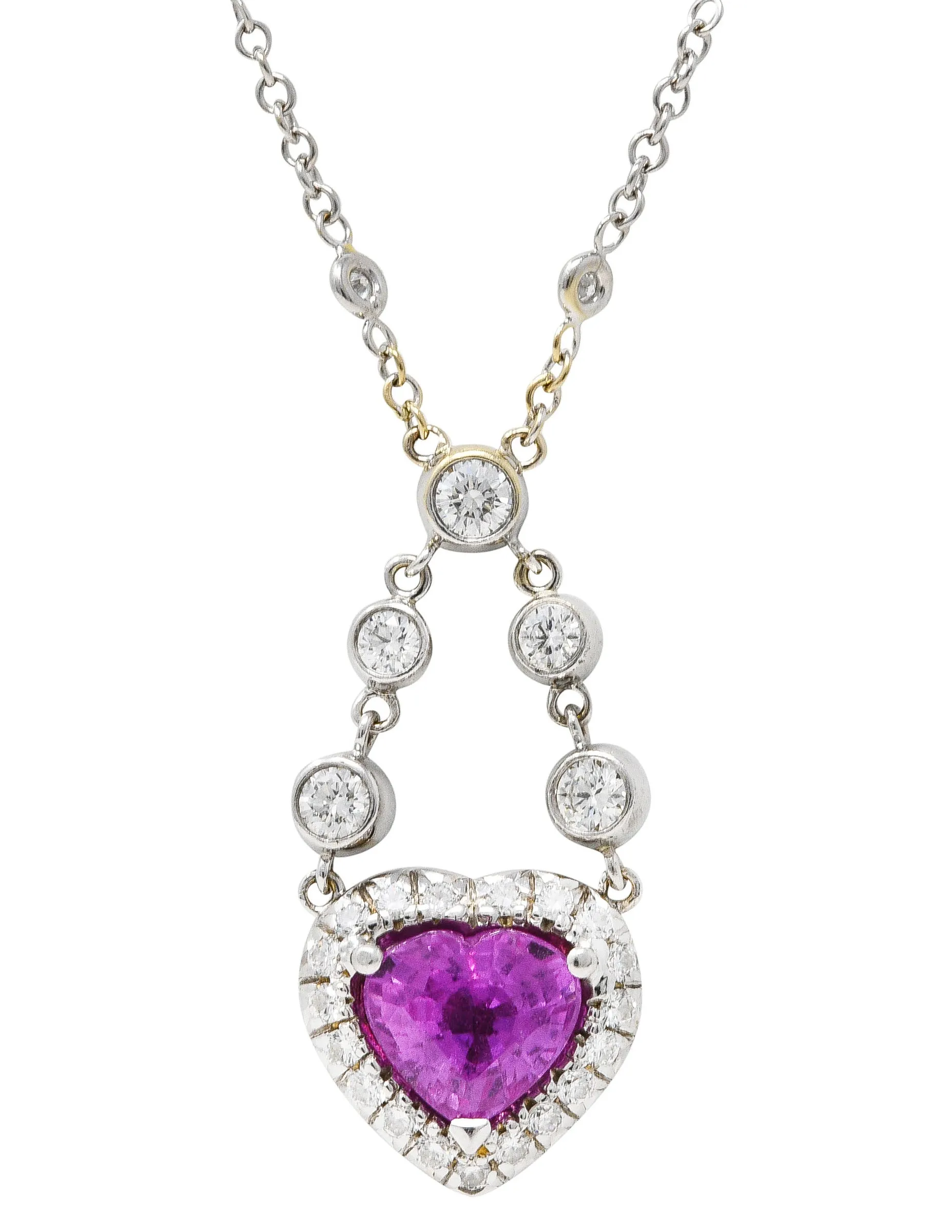 Contemporary 4.50 CTW Pink Sapphire Pavè Diamond 18 Karat White Gold Swagged Chain Reversible Heart Necklace