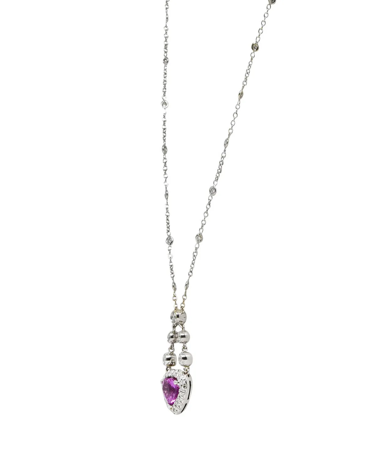 Contemporary 4.50 CTW Pink Sapphire Pavè Diamond 18 Karat White Gold Swagged Chain Reversible Heart Necklace