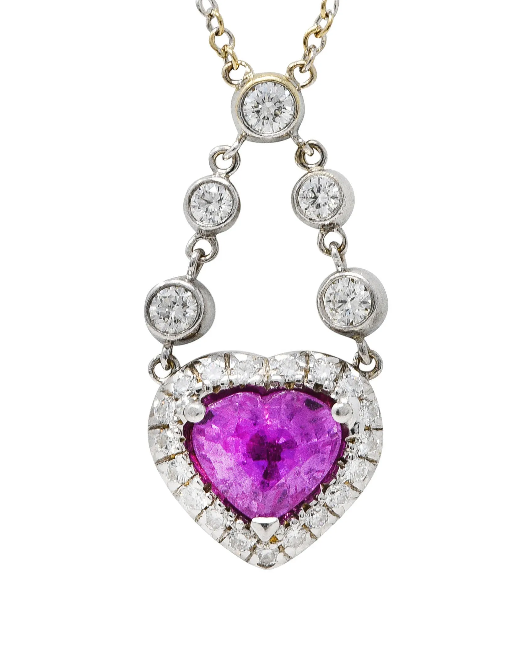 Contemporary 4.50 CTW Pink Sapphire Pavè Diamond 18 Karat White Gold Swagged Chain Reversible Heart Necklace