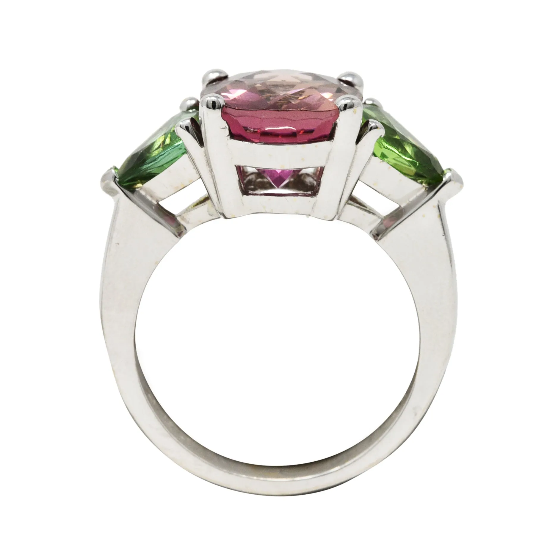 Contemporary 7.23 CTW Oval Cut Pink Tourmaline Peridot 18 Karat White Gold Three Stone Ring