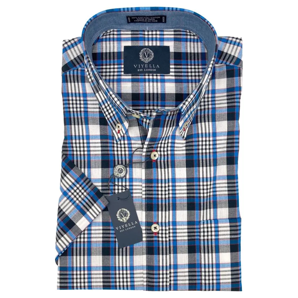 Cotton Madras Short Sleeve Cotton Sport Shirt in Blue Sea Plaid by Viyella