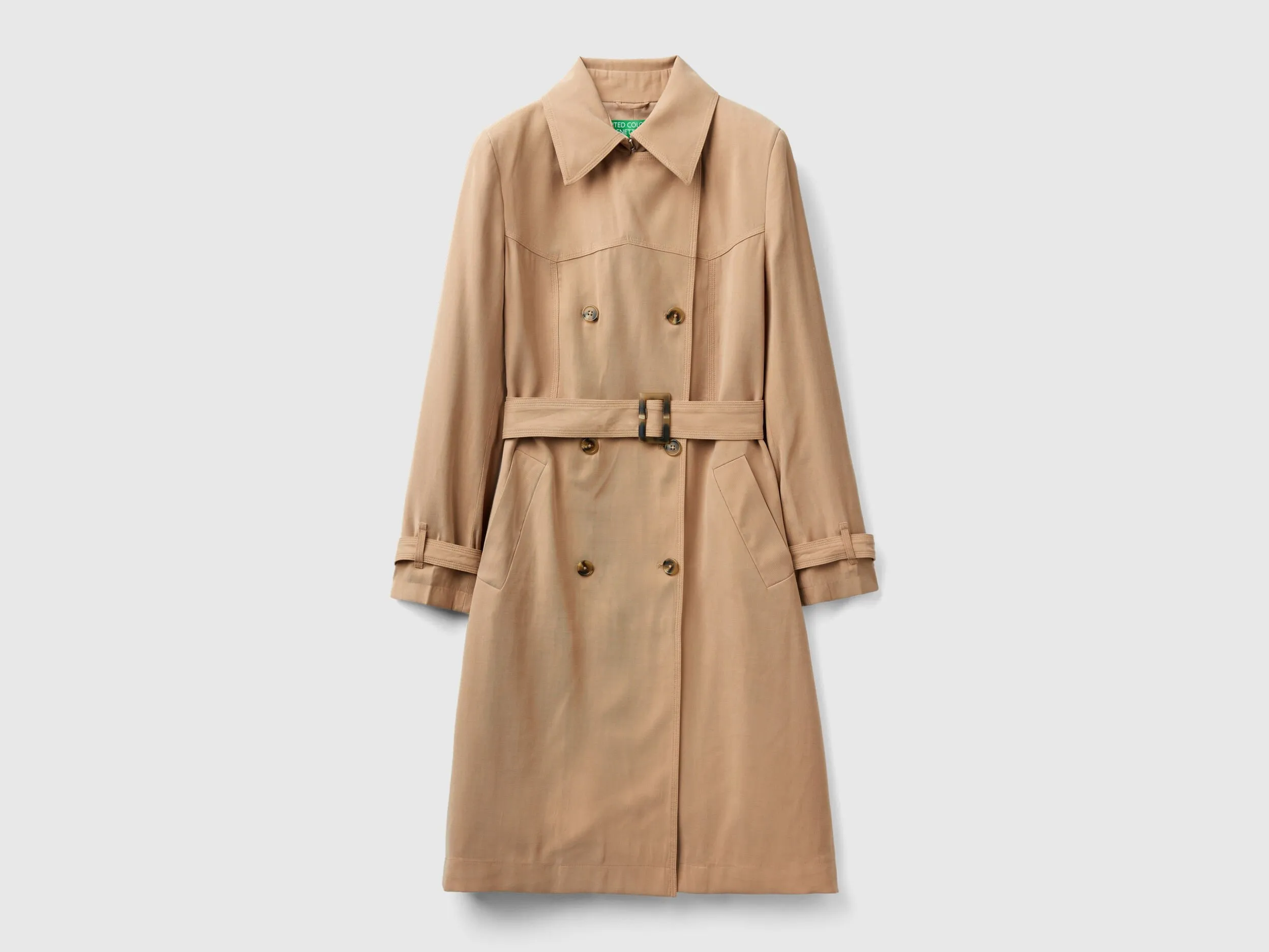 Double-breasted midi trench coat - Camel | Benetton