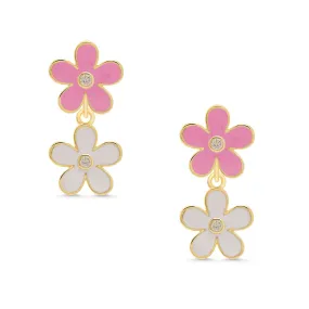 Double Flower CZ Dangle Earrings - Pink/White