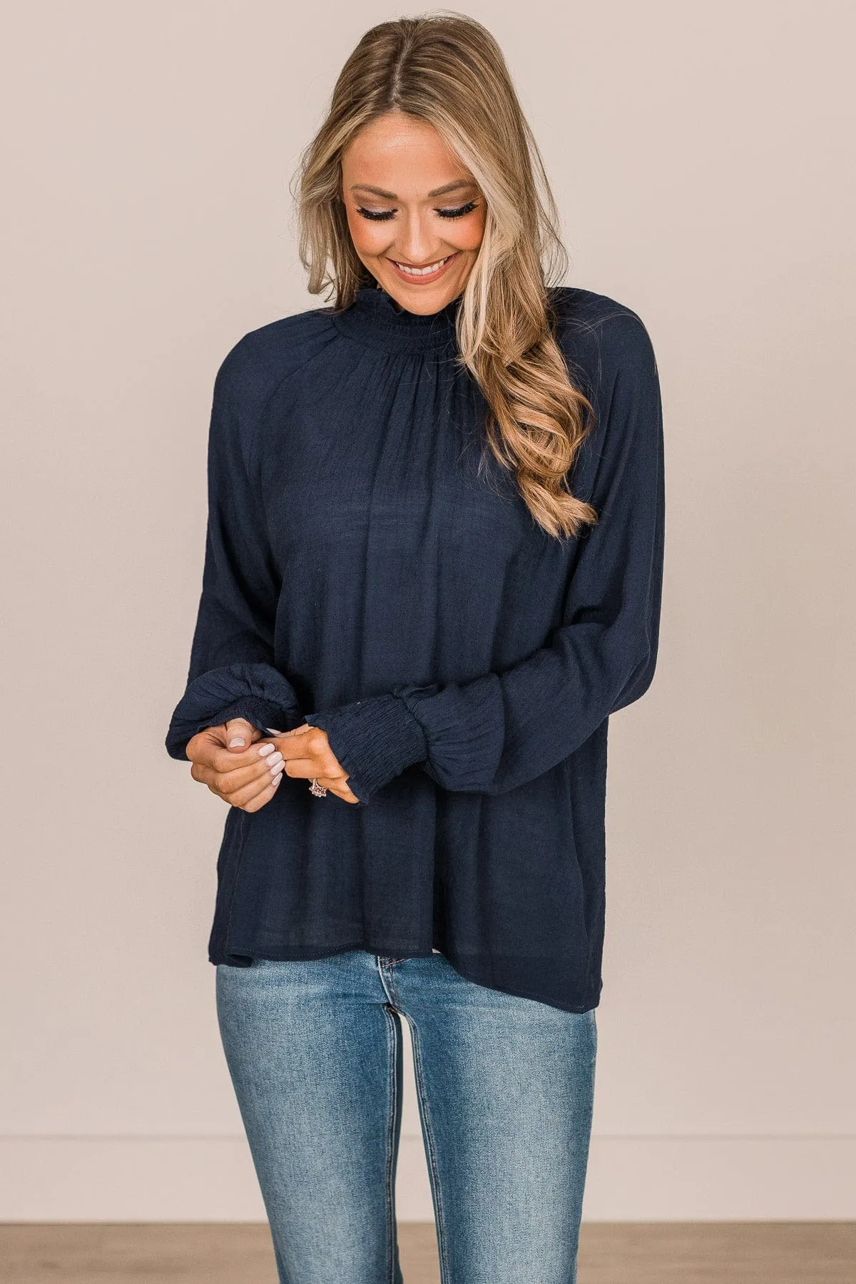 Full Of Dreams Long Sleeve Blouse- Navy