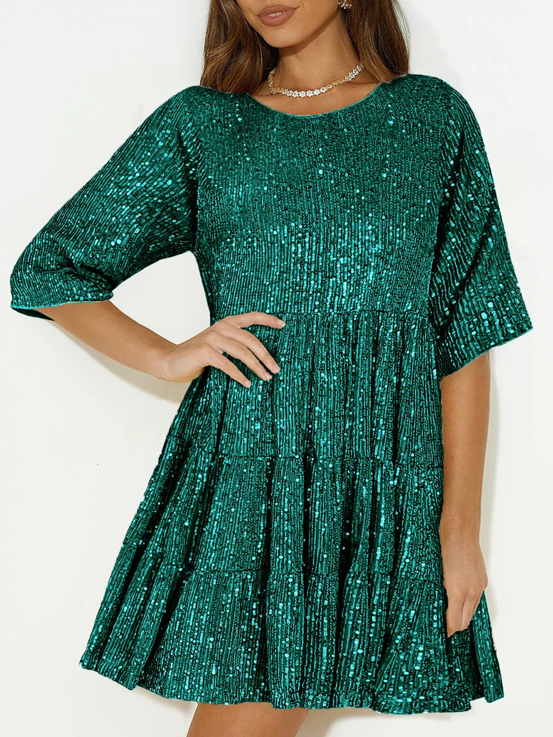 Full Size Sequin Round Neck Half Sleeve Mini Dress