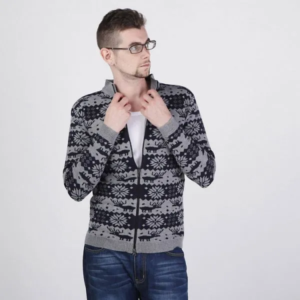 Full Stripe Snowflakes Pattern Zip up Jumper for Men