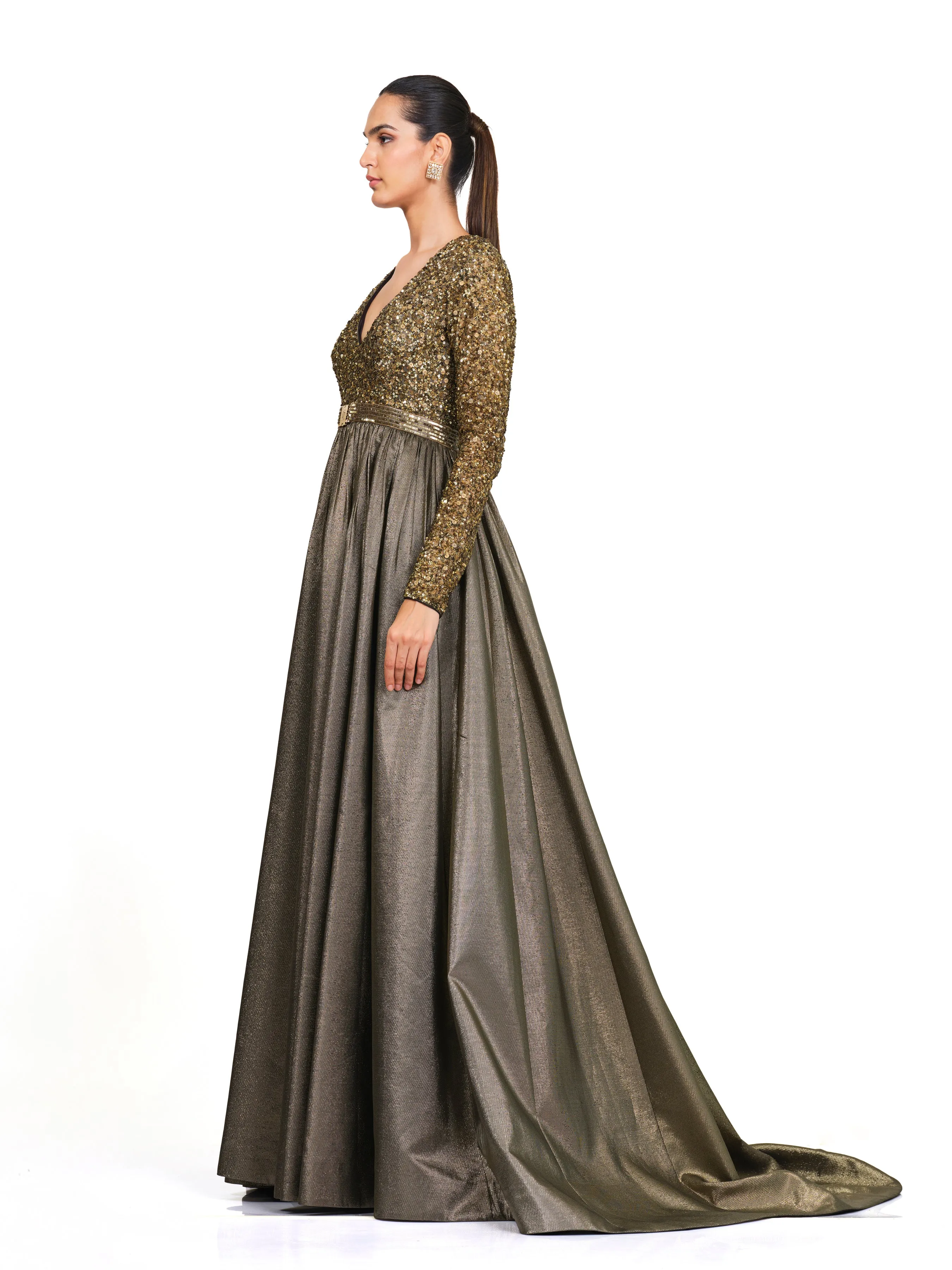 Gold Full Sleeve Gown with V Neck