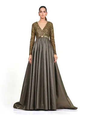 Gold Full Sleeve Gown with V Neck