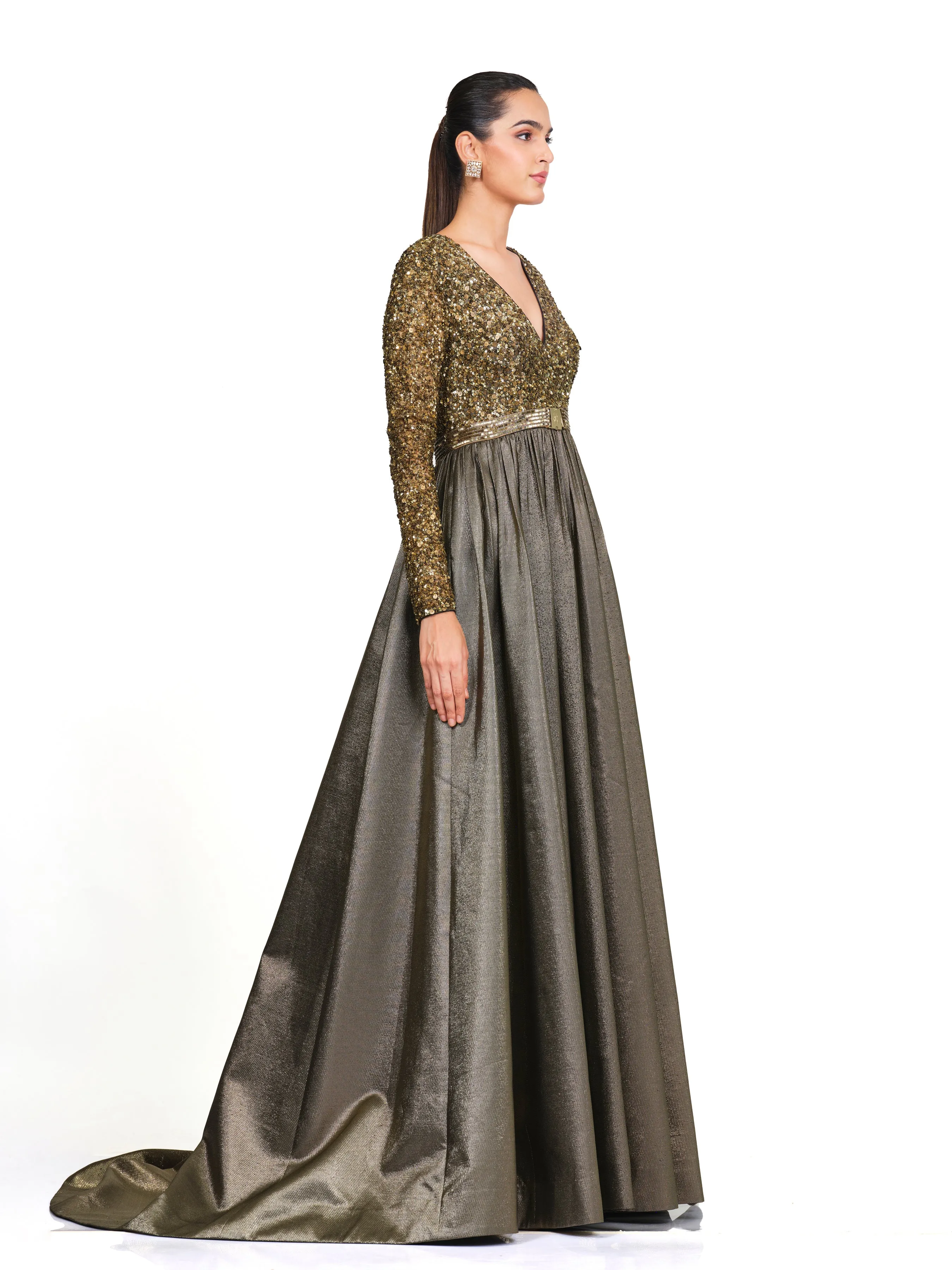 Gold Full Sleeve Gown with V Neck