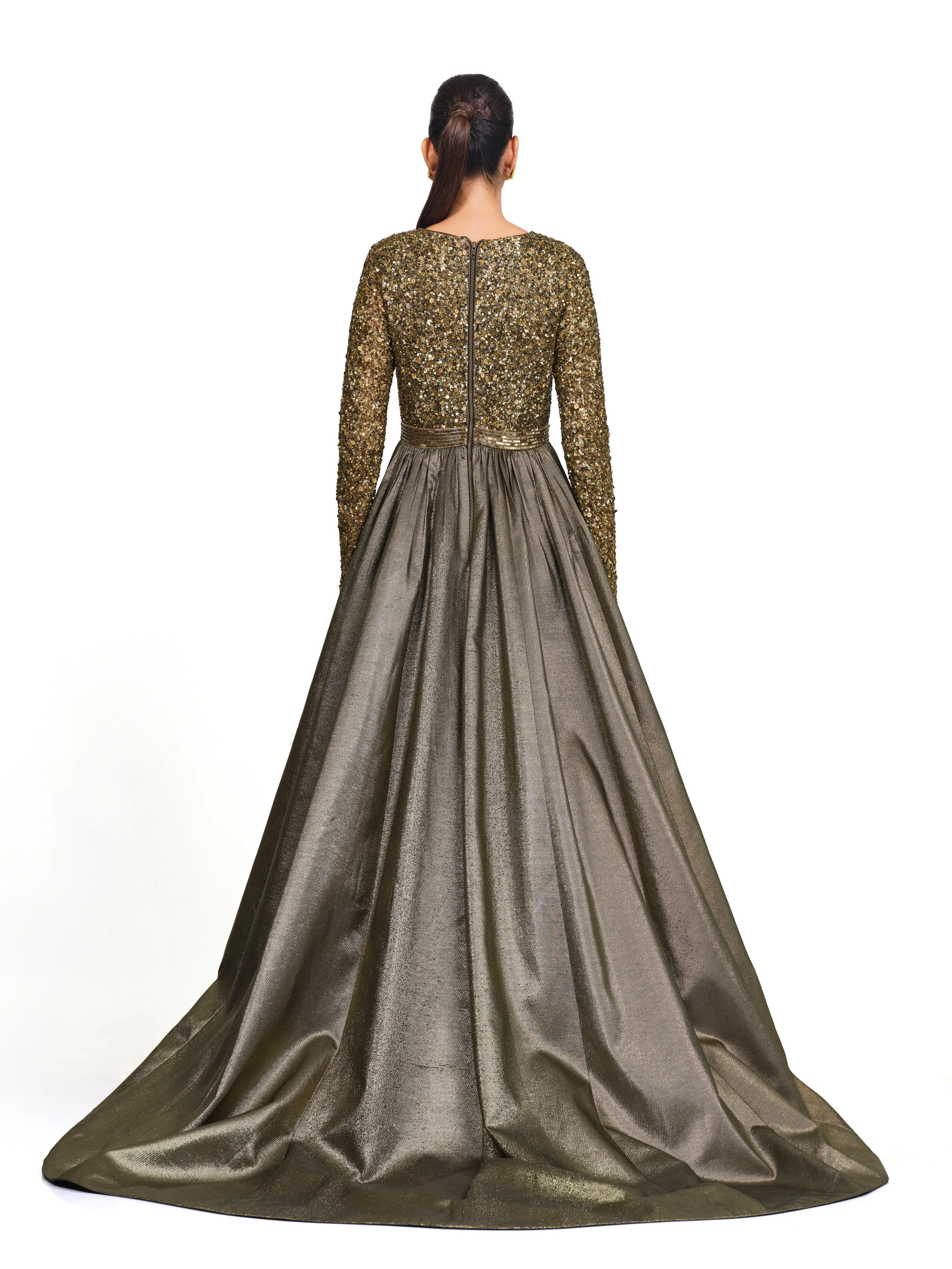 Gold Full Sleeve Gown with V Neck