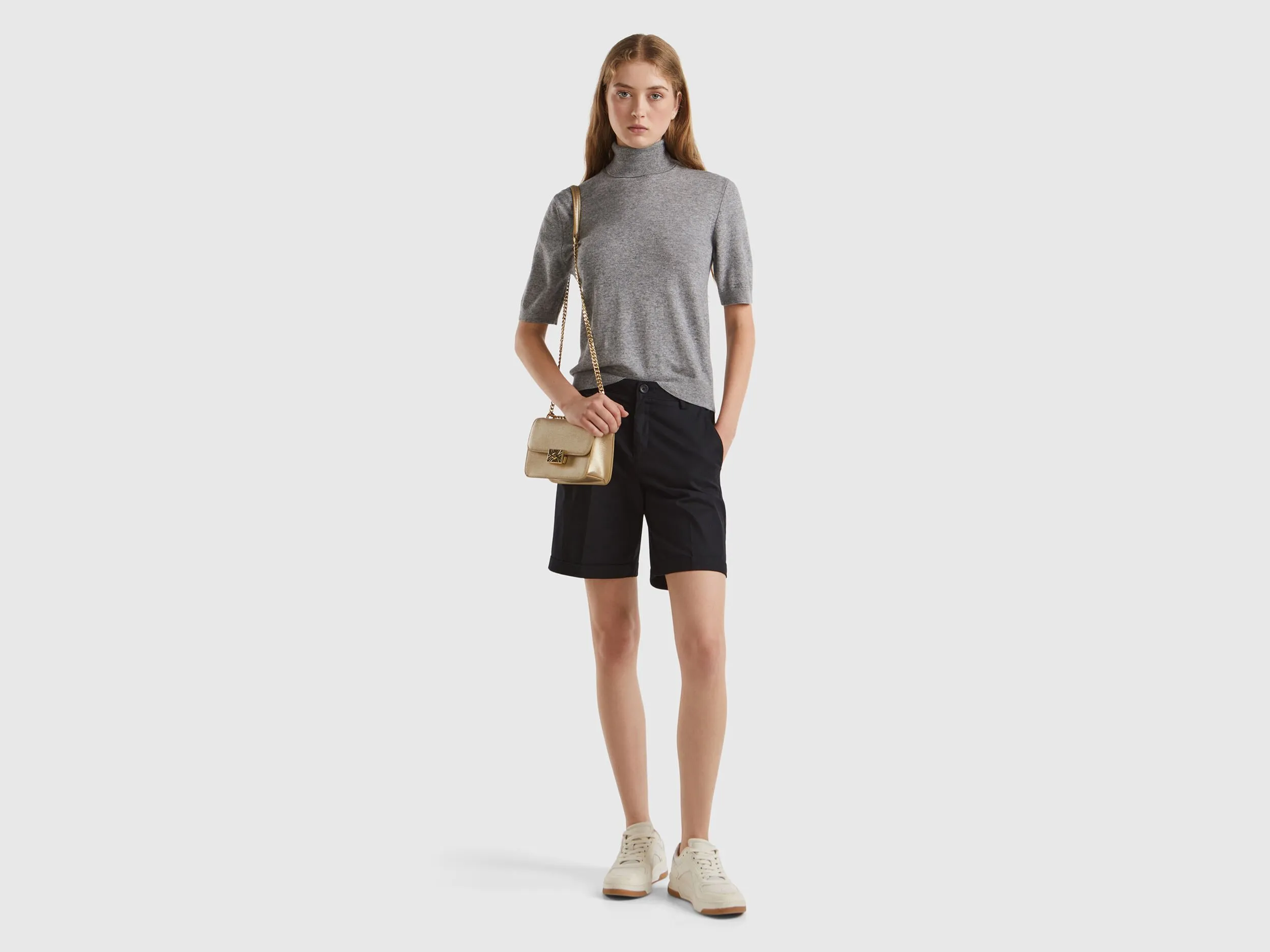 Gray short sleeve turtleneck in cashmere blend - Light Gray | Benetton