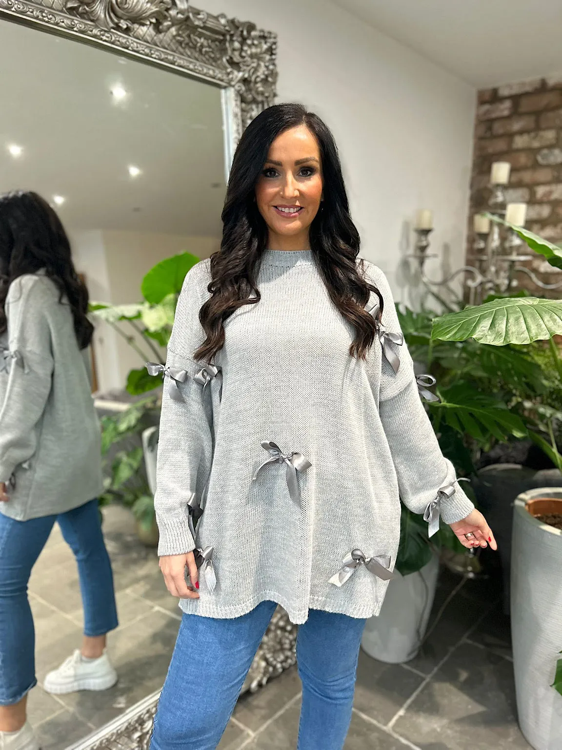 Grey Bow Knitted Jumper Sadie