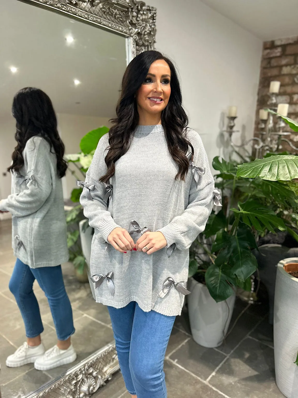 Grey Bow Knitted Jumper Sadie