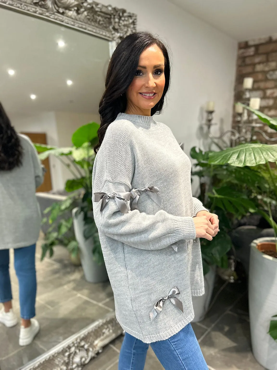 Grey Bow Knitted Jumper Sadie