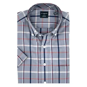 Grey, Navy, and Red Plaid Short Sleeve No-Iron Cotton Sport Shirt with Button Down Collar by Leo Chevalier