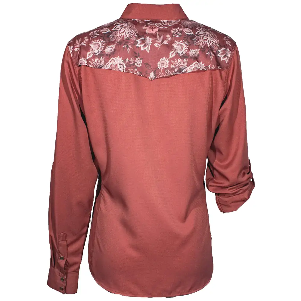 HOOEY SOL LADIES MARSALA W/FLORAL PATTERN DETAILING LONG SLEEVE PEARL SNAP SHIRT