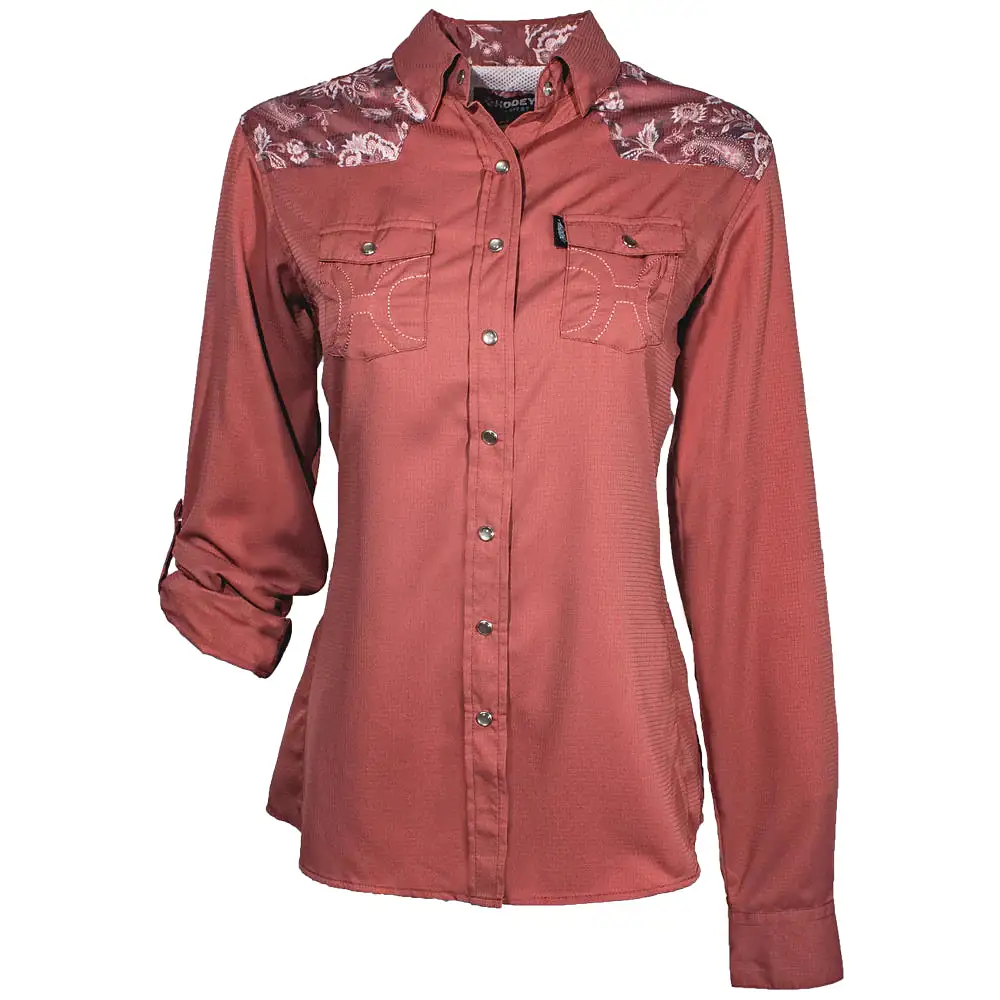 HOOEY SOL LADIES MARSALA W/FLORAL PATTERN DETAILING LONG SLEEVE PEARL SNAP SHIRT