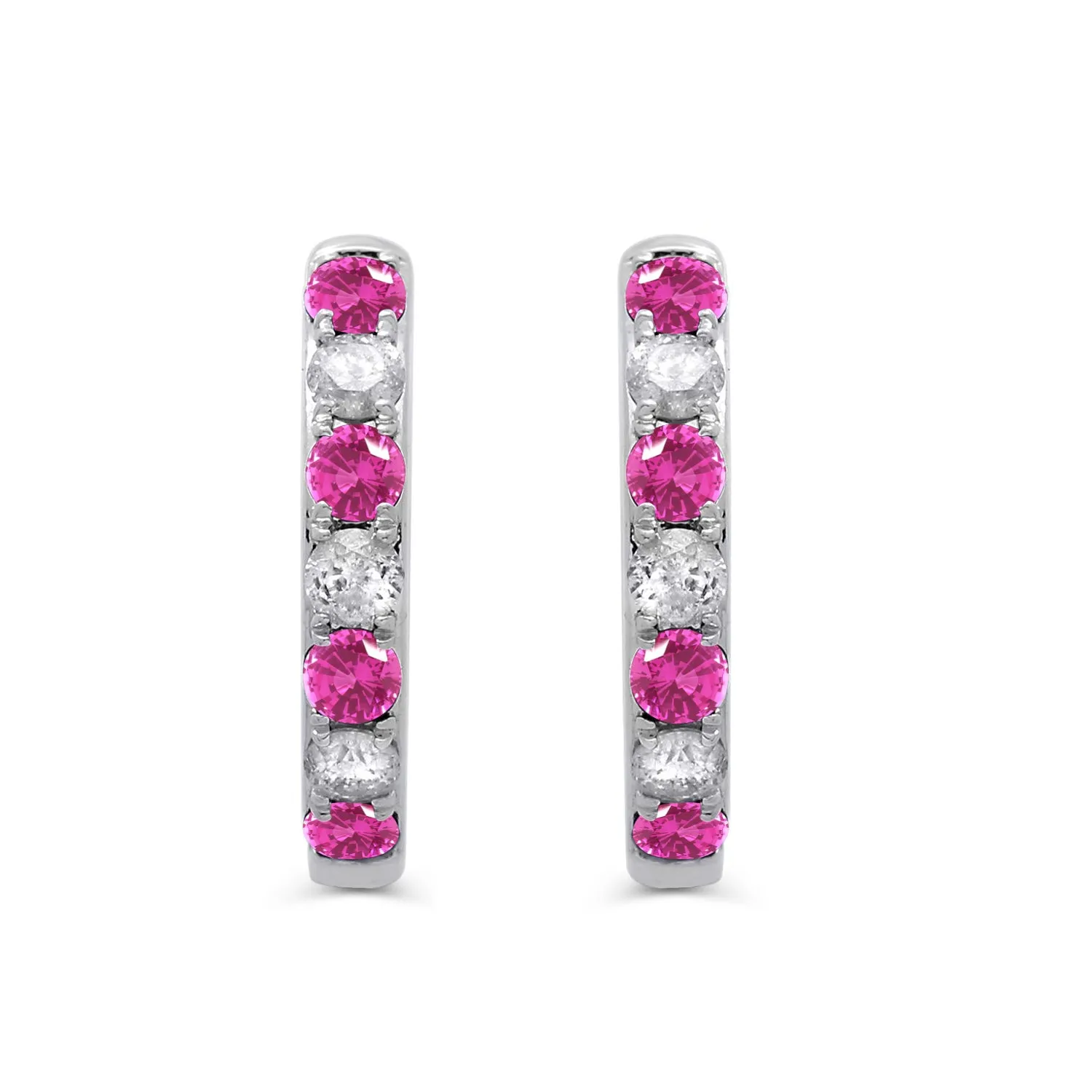 Jewelili 14K White Gold with Round Shape Pink Sapphire and 1/5 CTTW Natural White Round Shape Diamonds Hoop Earrings