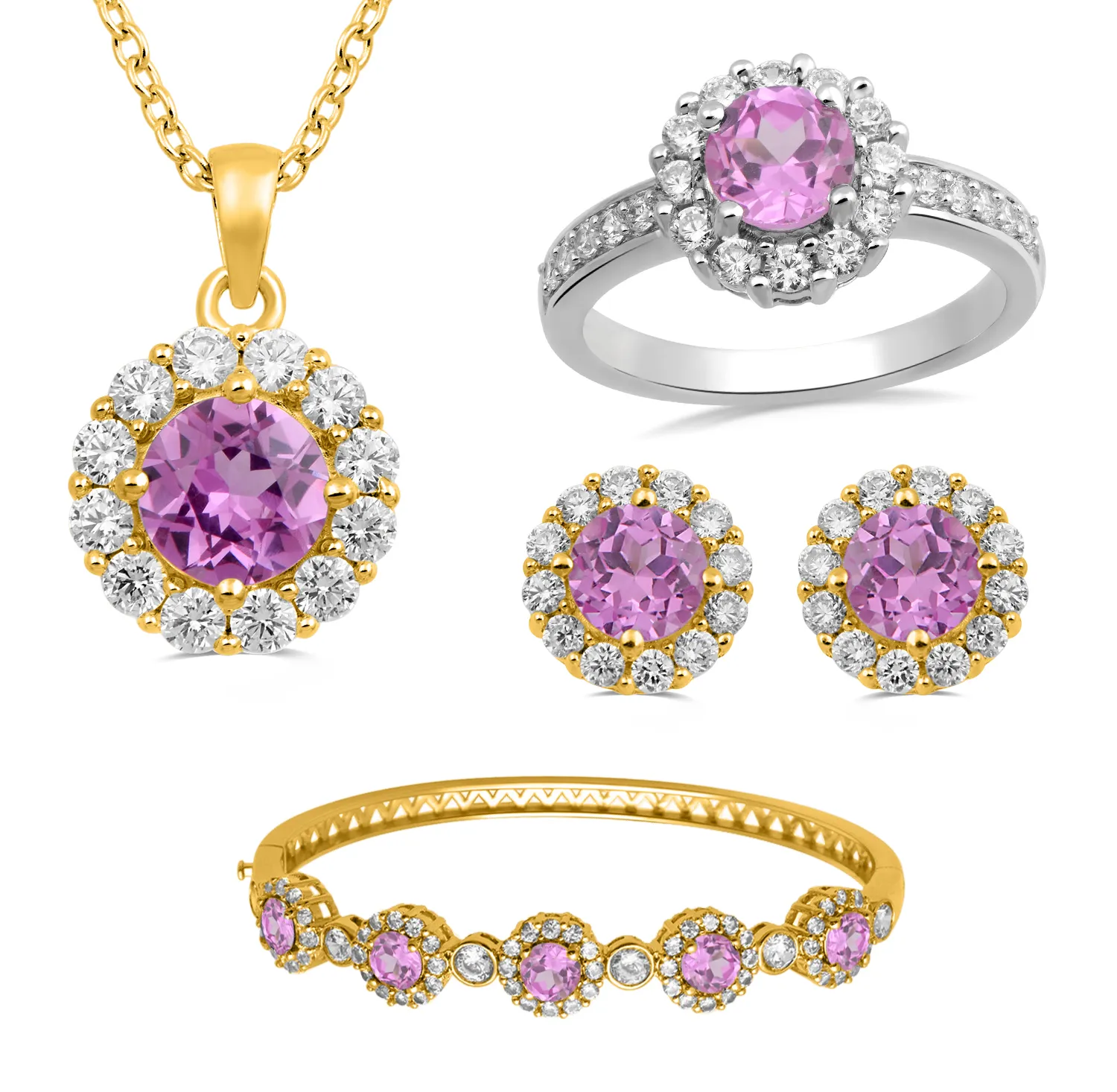 Jewelili Brass with Created Pink Sapphire and Round Created White Sapphire Pendant, Stud Earrings, Bracelet and Ring Jewelry Set