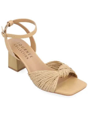 JOURNEE COLLECTION Womens Beige Raffia Knotted Ankle Strap Cushioned Galinda Square Toe Block Heel Buckle Sandals Shoes