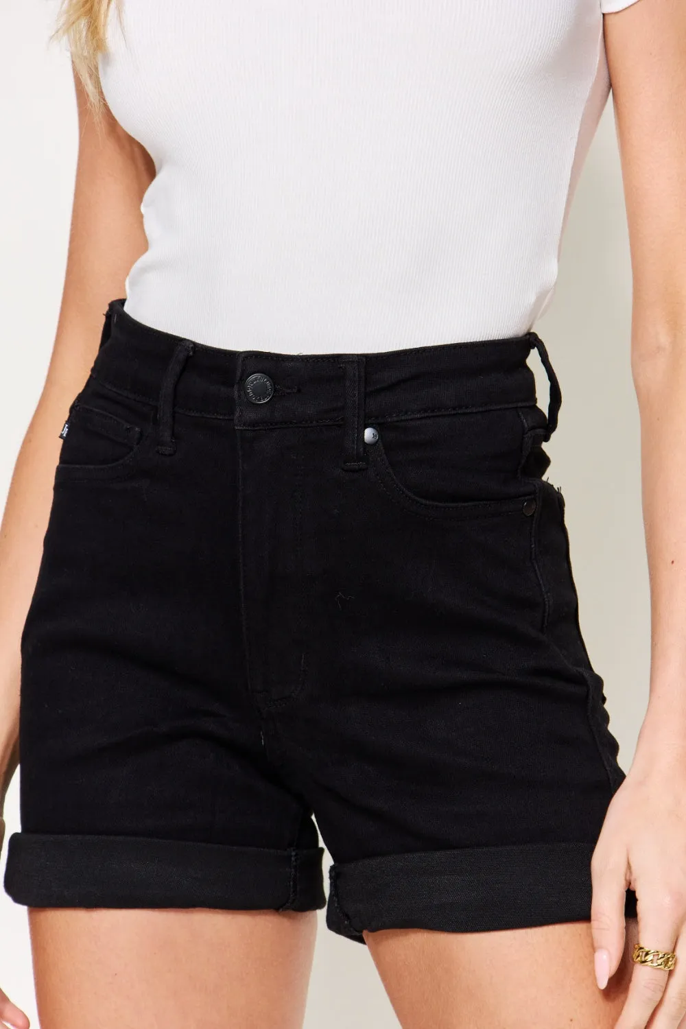 Judy Blue High Waist Tummy Control Cuffed Denim Shorts in black