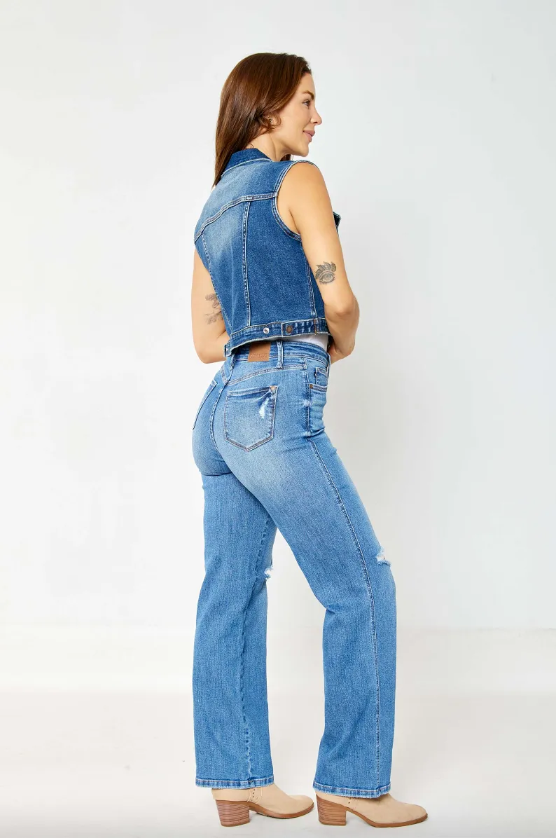 Judy Blue Tummy Control Knee Destroy Straight Leg Jeans