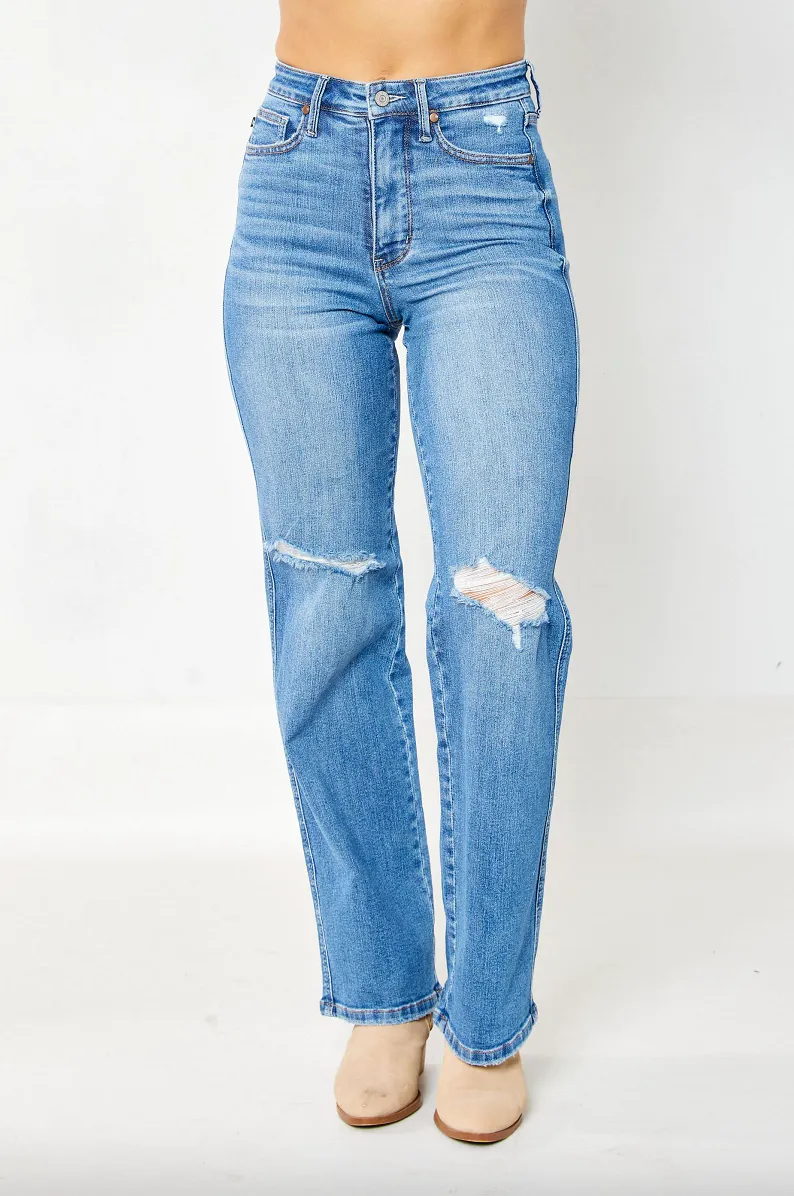 Judy Blue Tummy Control Knee Destroy Straight Leg Jeans