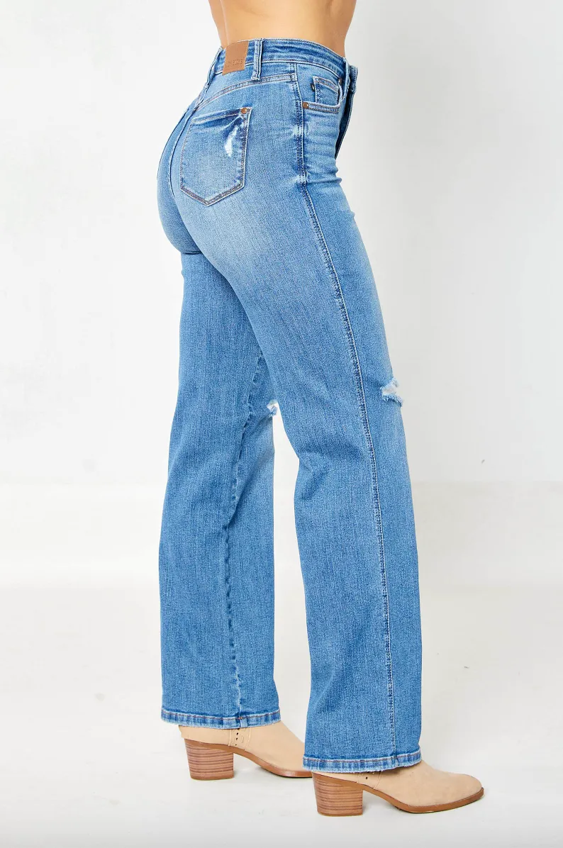 Judy Blue Tummy Control Knee Destroy Straight Leg Jeans