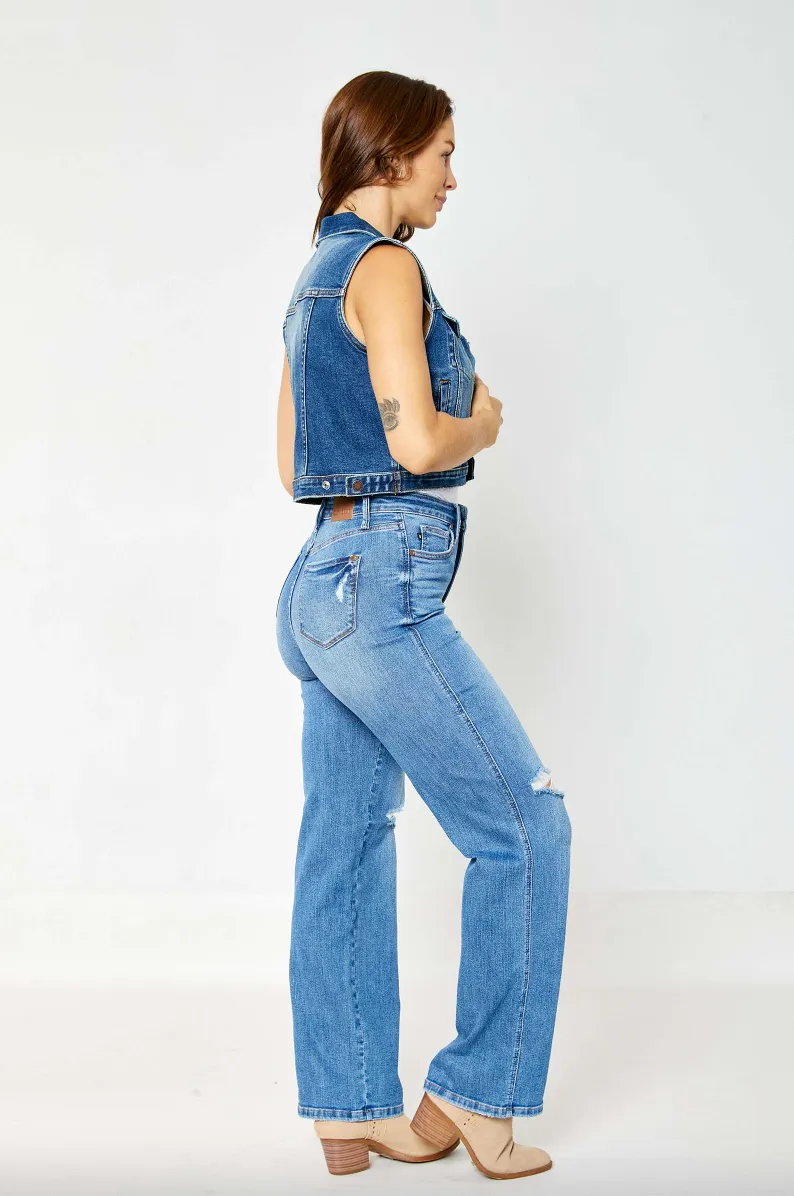 Judy Blue Tummy Control Knee Destroy Straight Leg Jeans