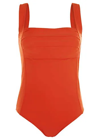 Kaleidoscope Orange Square Neck Pleated Swimsuit with Tummy Control | Grattan